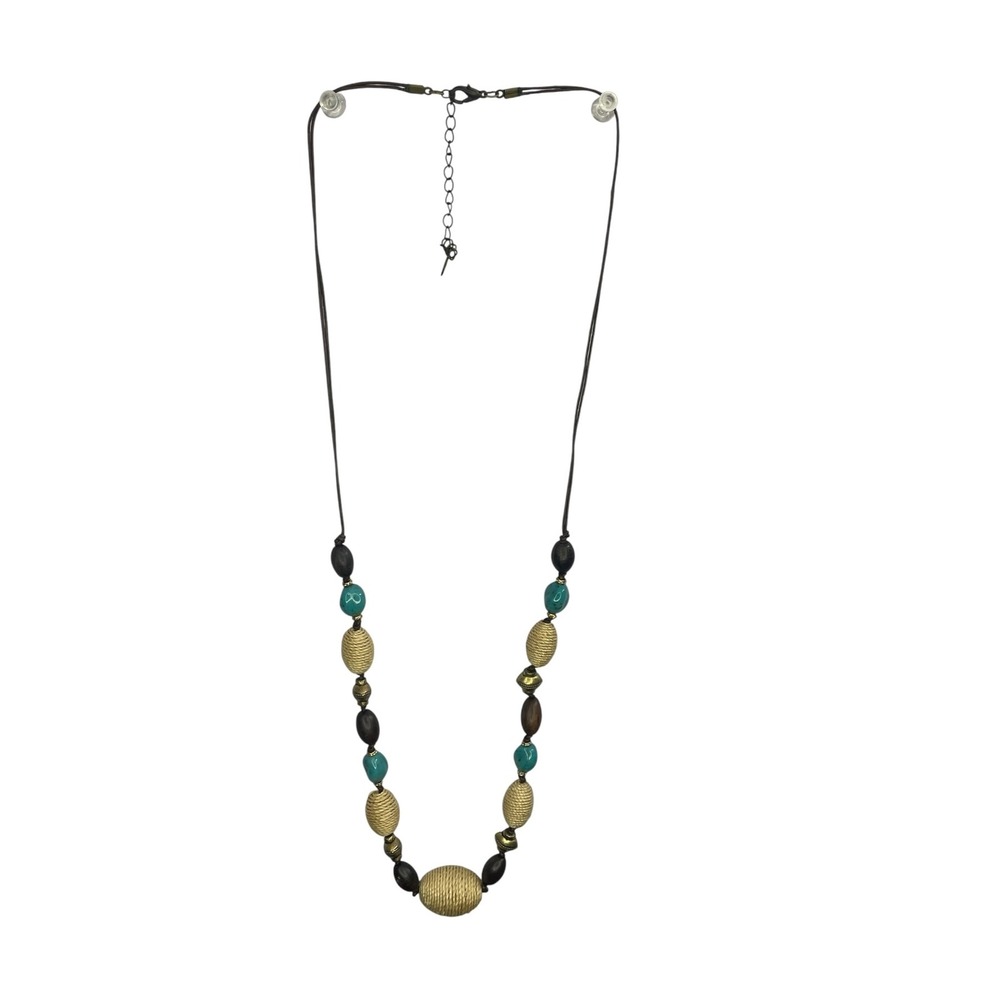 Cookie Lee Beaded Necklace Turquoise Wood Woven Straw Raffia Long Boho